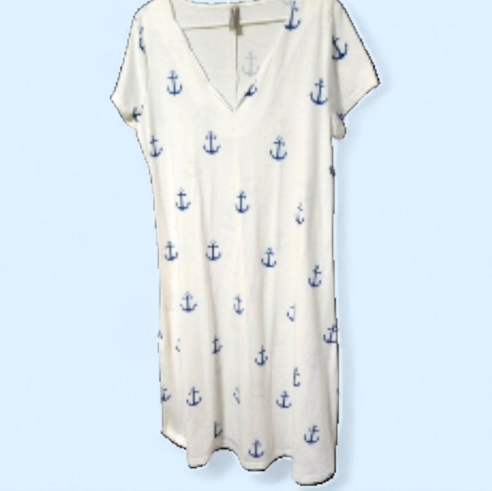 Noracora White Dress with Blue Anchor Print Nautical Anchors Size L